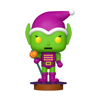 Figura de goblin verde com roupa e chapéu roxos segurando bastão com abóbora