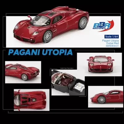 Miniatura de carro Pagani Utopia vermelho Dubai em várias vistas