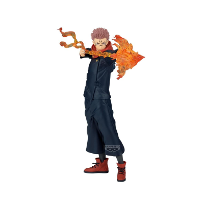 Figura de ação de personagem masculino com lança em chamas, roupa preta e botas vermelhas