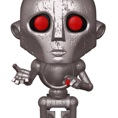 Figura colecionável robô metálico com olhos vermelhos e objeto vermelho na mão