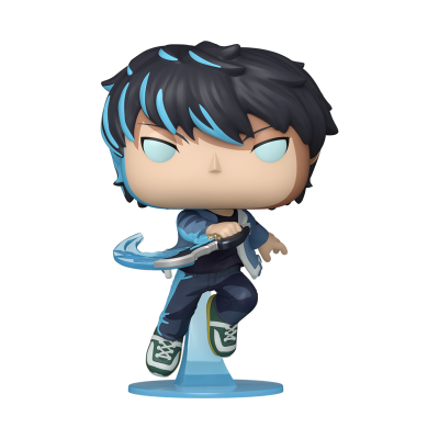 Figura colecionável estilo Funko Pop com cabelo preto e azul e roupas azuis