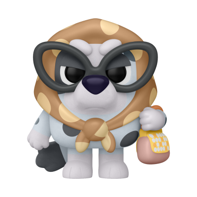 Figura estilizada de cão cinzento com lenço castanho, óculos pretos e mala amarela.