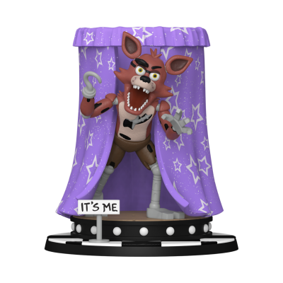 Figura de personagem animado saindo de cortina roxa com estrelas e placa com texto IT'S ME