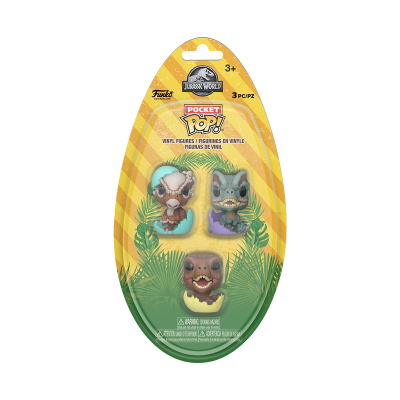 Três figuras em vinil Pocket Pop! Jurassic World em embalagem amarela esverdeada