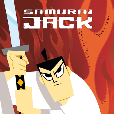 Personagem Samurai Jack com espada e fundo de chamas