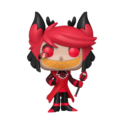 Figura Funko Pop com cabelo vermelho e preto e vestido vermelho e preto
