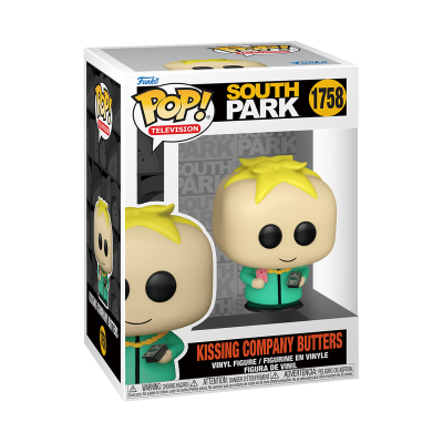 Figura Funko Pop! de South Park, Kissing Company Butters, cabelo amarelo, roupa verde, caixa com janela