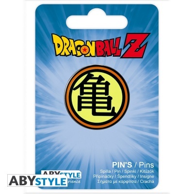 Pin metálico Dragon Ball Z com símbolo japonês em embalagem azul