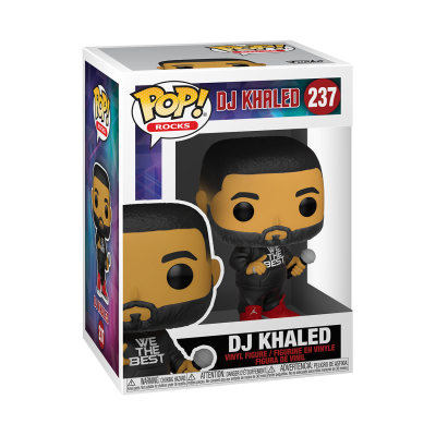 Figura Funko Pop! Rocks DJ Khaled nº 237 com microfone e casaco preto na caixa
