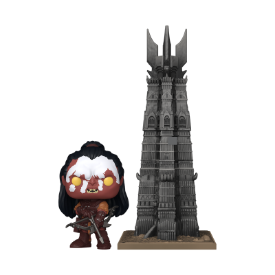 Figura Funko Pop vermelha e torre cinzenta detalhada em pedestal