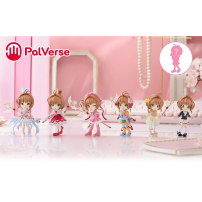 Seis miniaturas bonecos anime com roupas coloridas e varinhas em fundo rosa.
