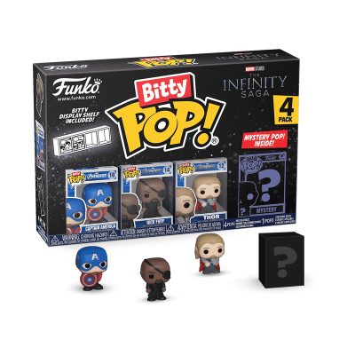 Caixa Funko Pop! Bitty Pop! Infinity Saga com 4 figuras e três figuras exibidas em frente
