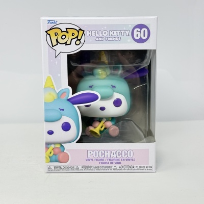 Figura Funko Pop! Pochacco, vinil, cores azul, roxo e branco, dentro de embalagem transparente