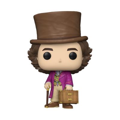 Figura Funko Pop com cartola castanha, casaco roxo, mala e bengala