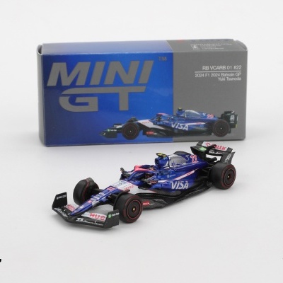 Miniatura de carro de Fórmula 1 azul e preto em frente a caixa MINI GT azul e cinza