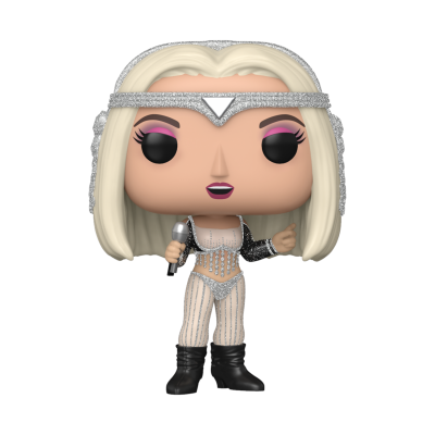 Funko Pop de cantora com roupa prateada e microfone