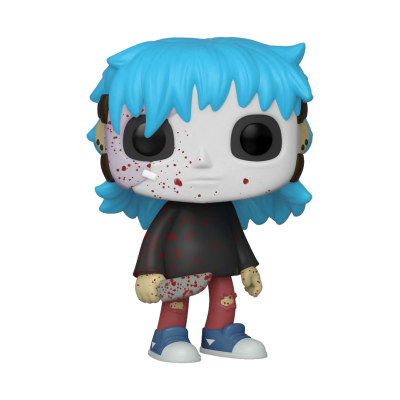 Boneco Funko Pop com cabelo azul, manchas vermelhas e faca