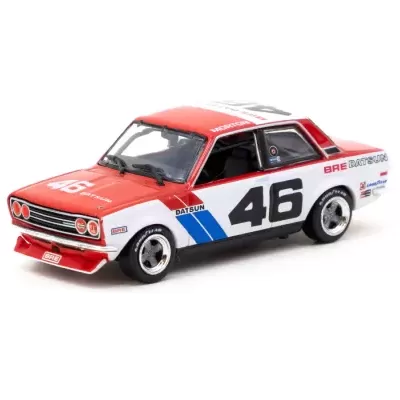 Miniatura de carro de corrida Datsun vermelho, branco e azul com número 46