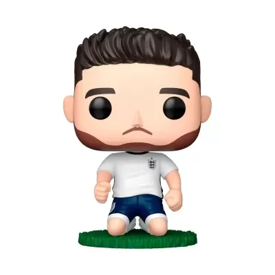 Funko Pop jogador de futebol ajoelhado com camisola branca e calções azuis