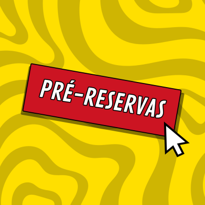 Botão vermelho com texto PRÉ-RESERVAS em fundo amarelo com padrões ondulados, com cursor de rato apontando para o botão.
