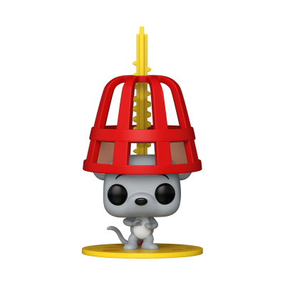 Figura colecionável de rato cinzento com jaula vermelha na cabeça e base amarela