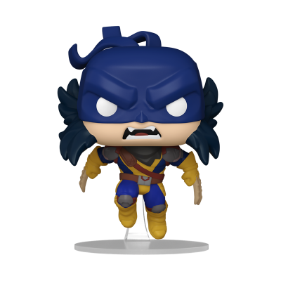 Figura de ação Funko POP com máscara azul e asas negras em base transparente