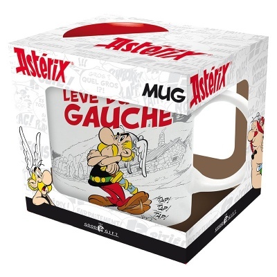 Caneca branca com desenho do Astérix e embalagem decorativa da marca Astérix