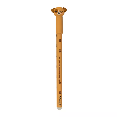 Caneta de plástico laranja com tampa em forma de cabeça de cão e texto impresso