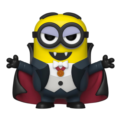 Figura Minion vampiro com capa preta e vermelha e óculos redondos