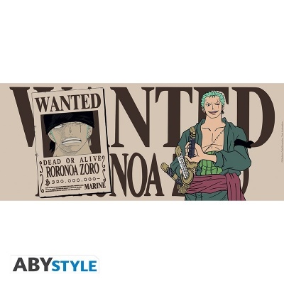 Ilustração do personagem Roronoa Zoro com cartaz de procurado e texto WANTED NOA em fundo bege.