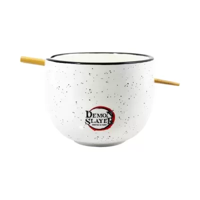 Taça branca com decoração pontilhada e texto Demon Slayer