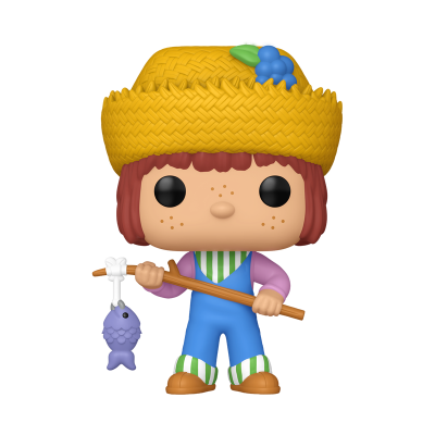 Figura colecionável de criança com chapéu amarelo e vara com peixe roxo