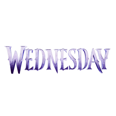 Texto WEDNESDAY em letras roxas estilizadas sobre fundo branco