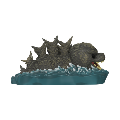 Figura colecionável de Godzilla cinzento em base azul com ondas