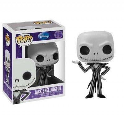 Figura Funko Pop de vinil Jack Skellington com caixa original branca, roxa e preta.