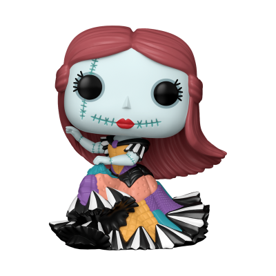Figura Funko Pop Sally do filme O Estranho Mundo de Jack com pele azul clara e vestido multicolorido