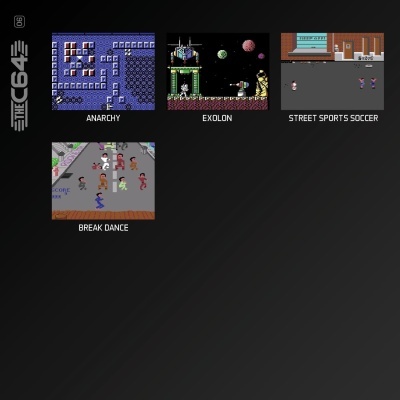 Interface de videojogos pixelados com quatro títulos e texto THE64 vertical