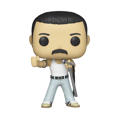 Figura Funko Pop de um homem com colete branco e bigode segurando microfone