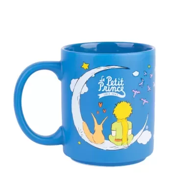 Caneca azul do Pequeno Príncipe com ilustração colorida e texto branco