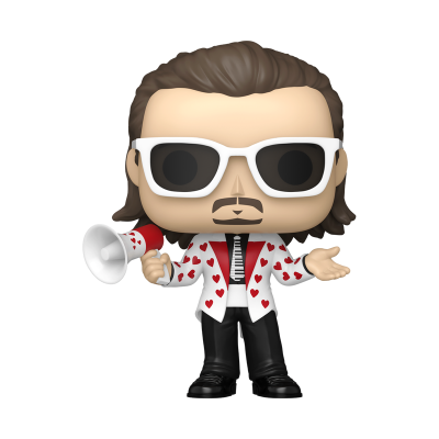 Figura Funko Pop com casaco branco com corações vermelhos e megafone