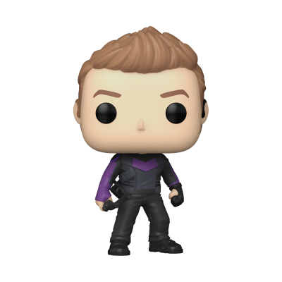 Boneco Funko Pop masculino com fato preto e roxo segurando arma