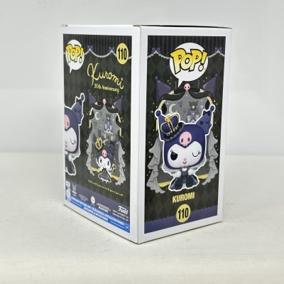 Embalagem de figura colecionável Funko POP! modelo Kuromi 110, com design preto, roxo e amarelo.
