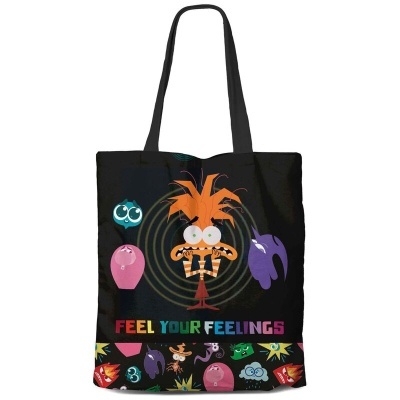 Saco de tecido preto com personagens coloridos e texto FEEL YOUR FEELINGS