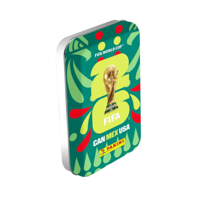 Caixa metálica decorada com temática da Taça da FIFA e texto FIFA, CAN MEX USA, PANINI