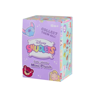 Caixa de brinquedo Disney Snuglets lilás com desenhos e texto