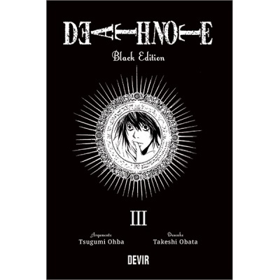 Capa preta do livro Death Note Black Edition III com ilustração central e texto branco