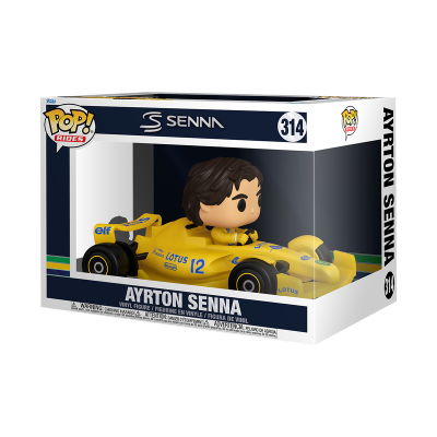 Funko Pop Ayrton Senna com carro de corrida amarelo na caixa