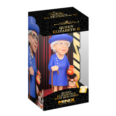 Figura de Queen Elizabeth II com o seu Corgi em embalagem preta com texto dourado e branco