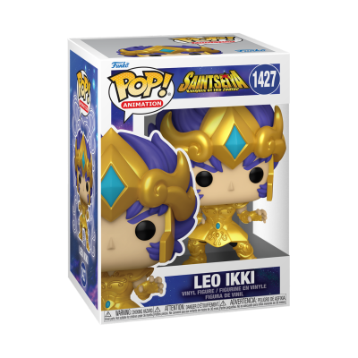 Figura Funko Pop! Leo Ikki com armadura dourada e cabelo roxo na caixa