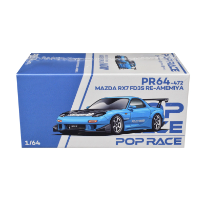 Caixa com ilustração de carro desportivo azul Mazda RX7 e texto PR64-472 POP RACE.